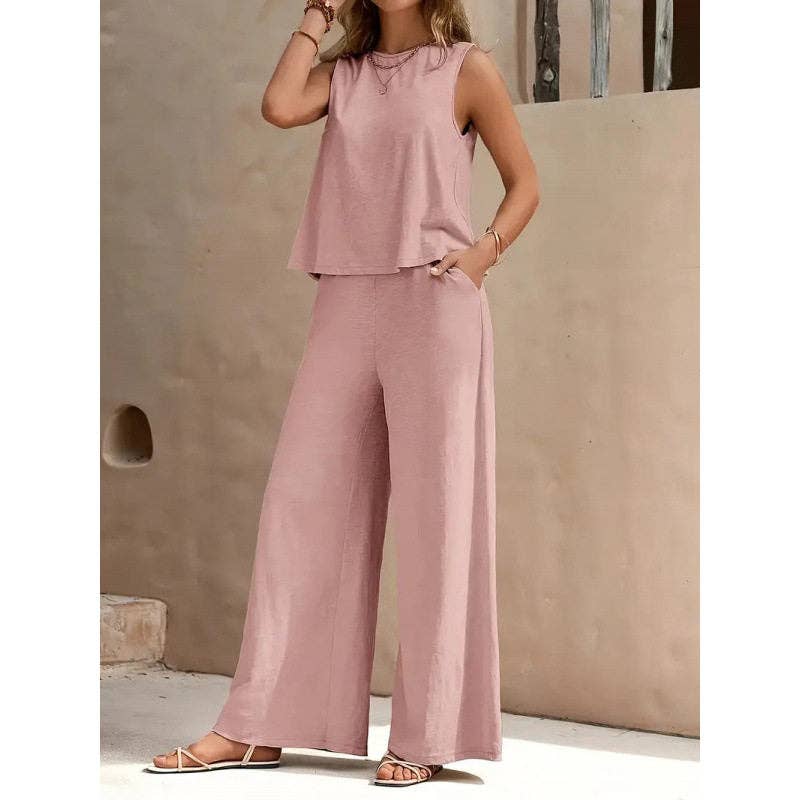 Solid Color Sleeveless Tank Top & Wide-Leg Pants Set
