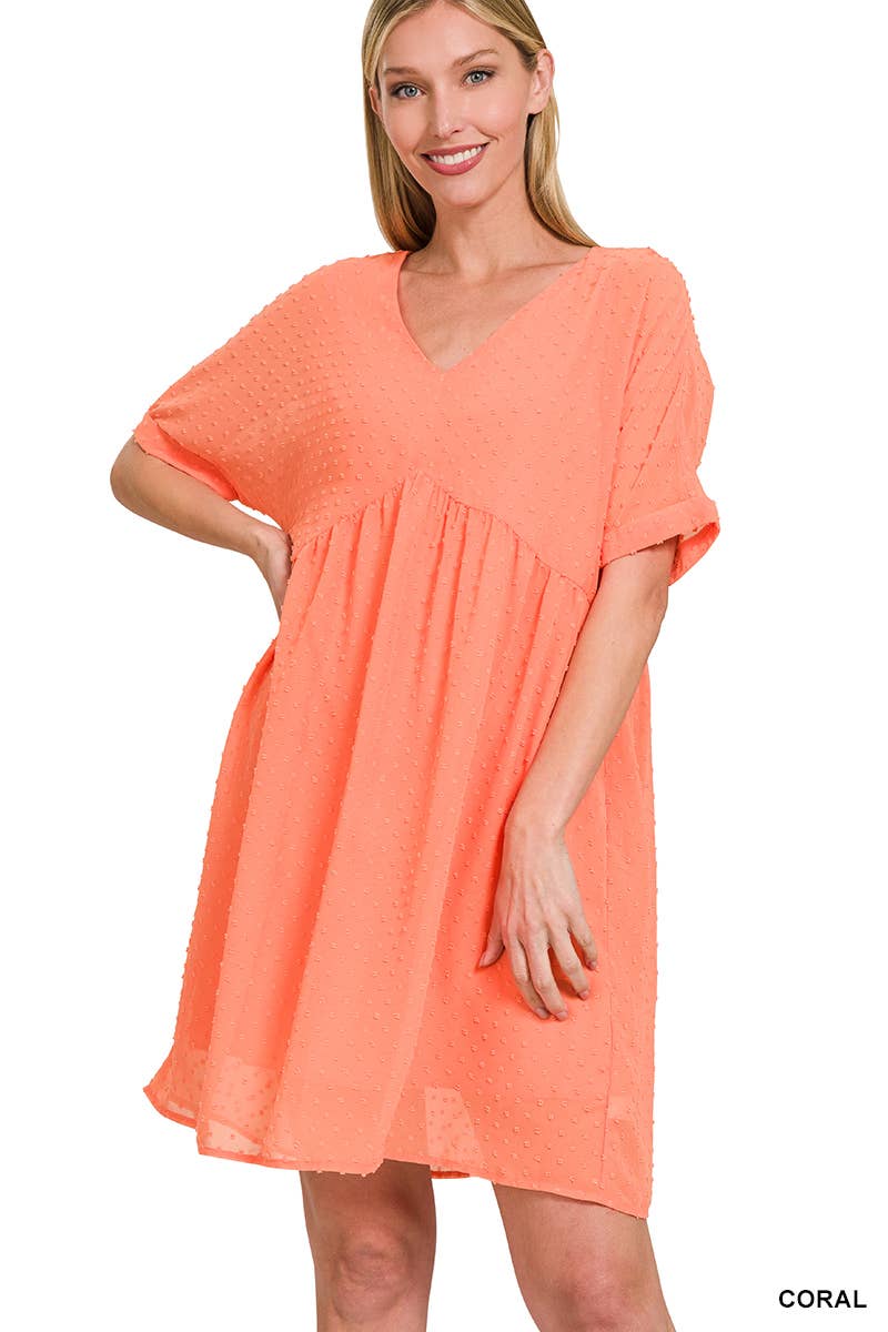 Swiss Dot Babydoll V Neck Dress