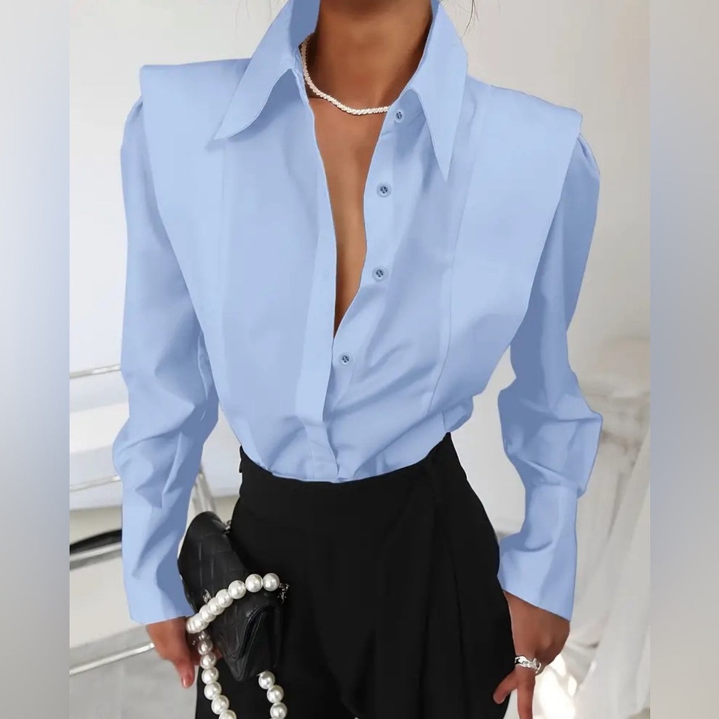 Black Elegant Solid Button Front Shirt - Flattering Lapel