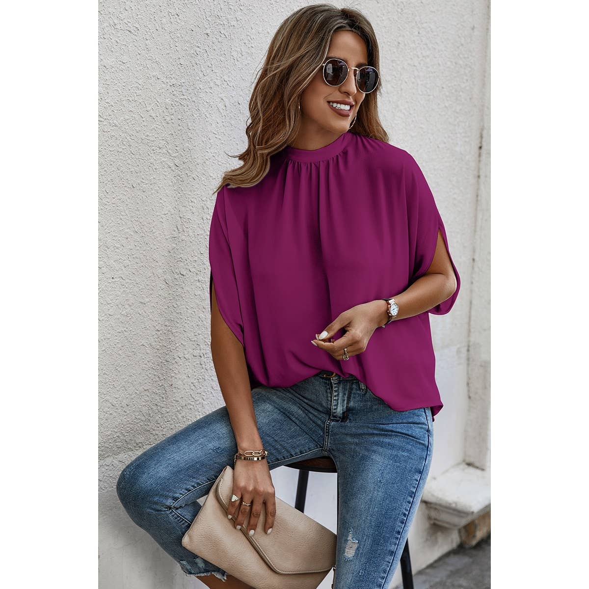 Solid Cape Short Sleeve Loose Top