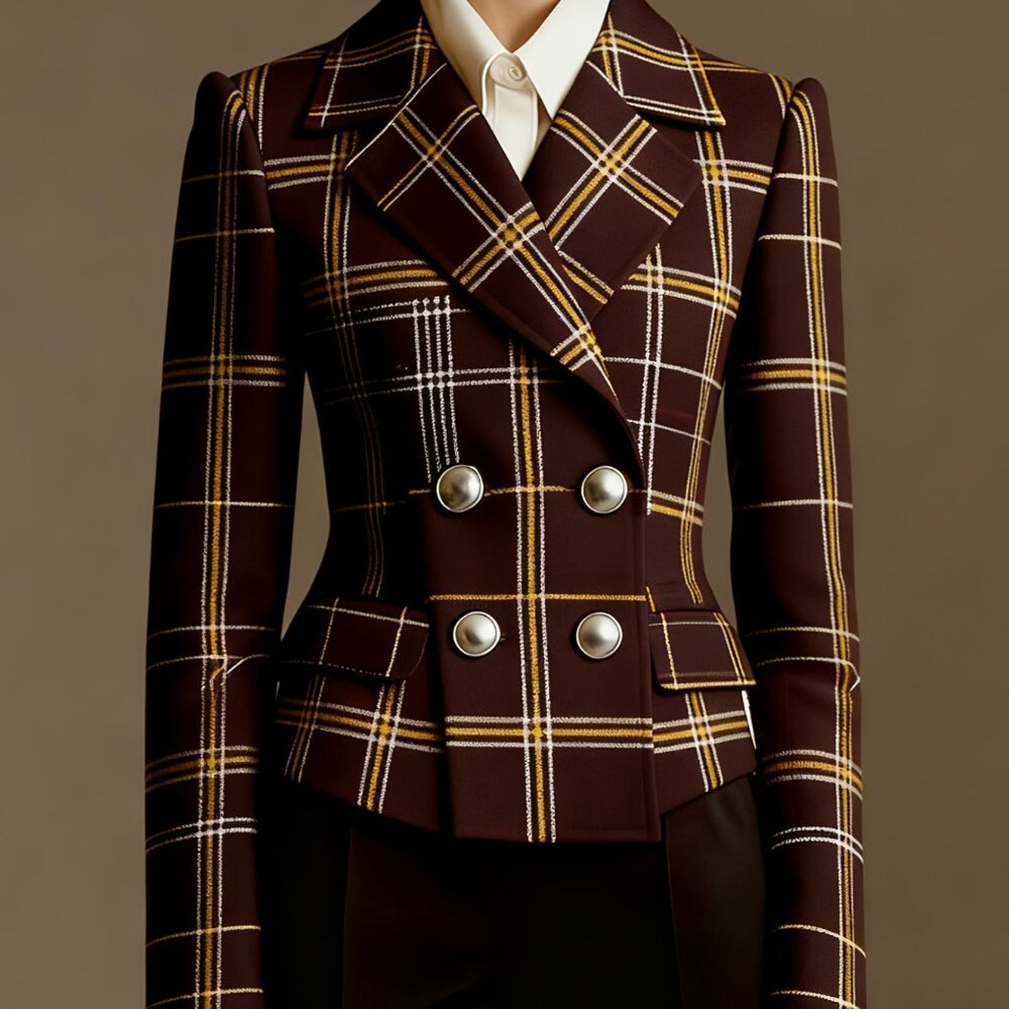 Brown Plaid Double-Breasted Blazer Jacket | Lapel Collar | Fall/Winter