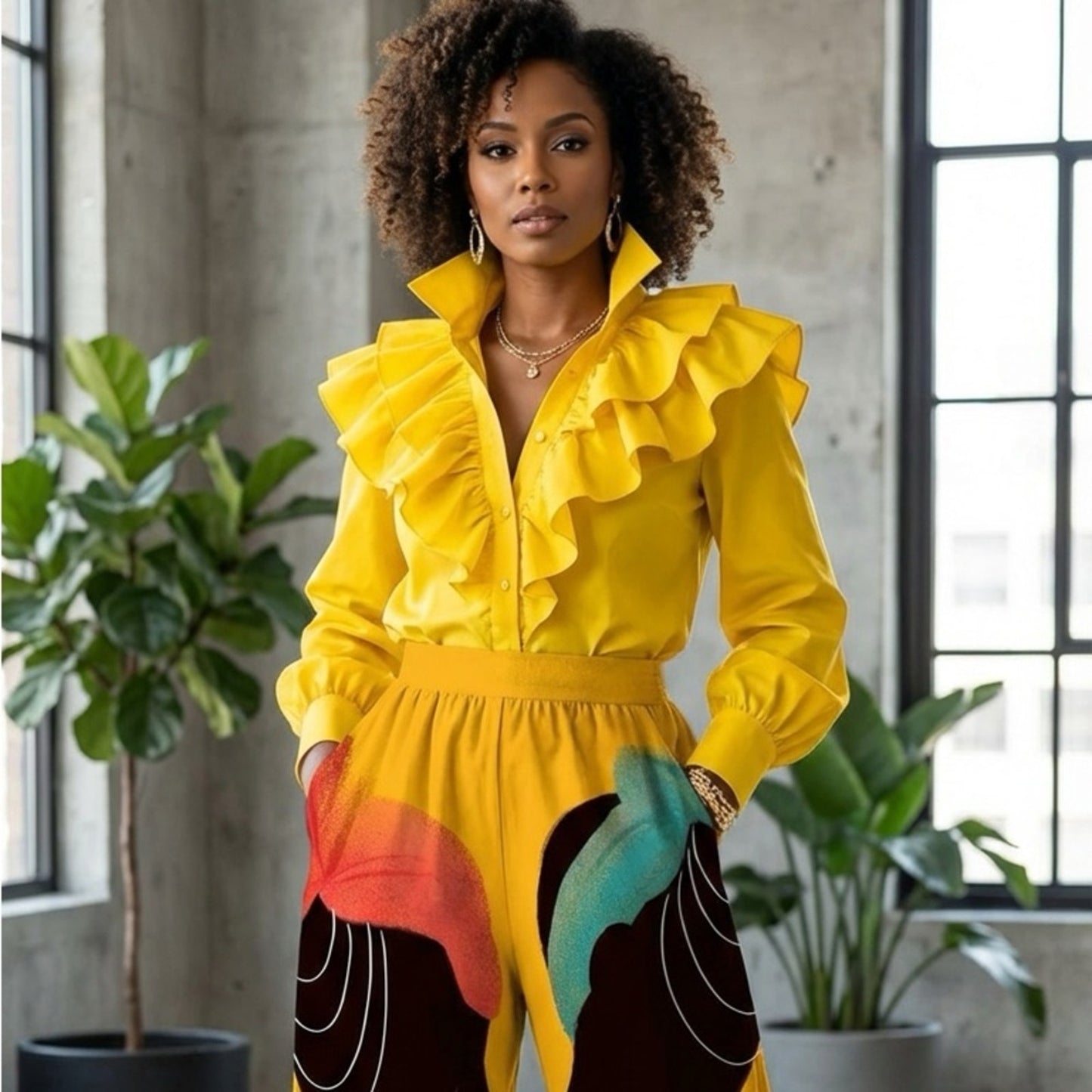 Woman wearing a bright yellow outfit with ruffled details in an indoor setting.