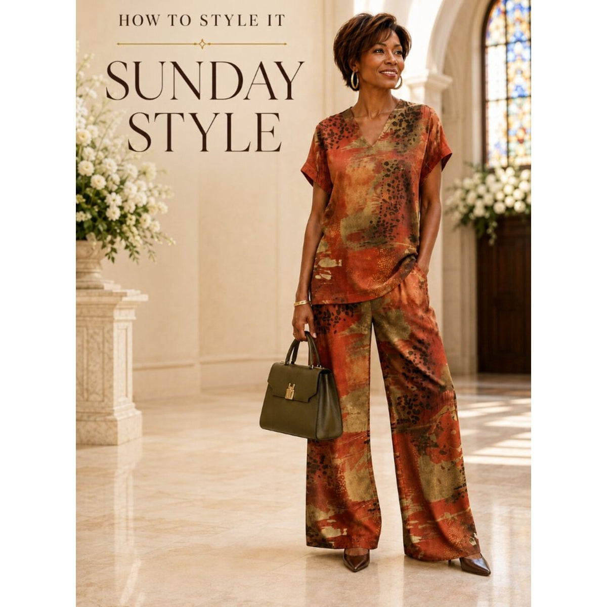 Boho Abstract Print V-Neck Wide-Leg 2-Piece Pantsuit Set