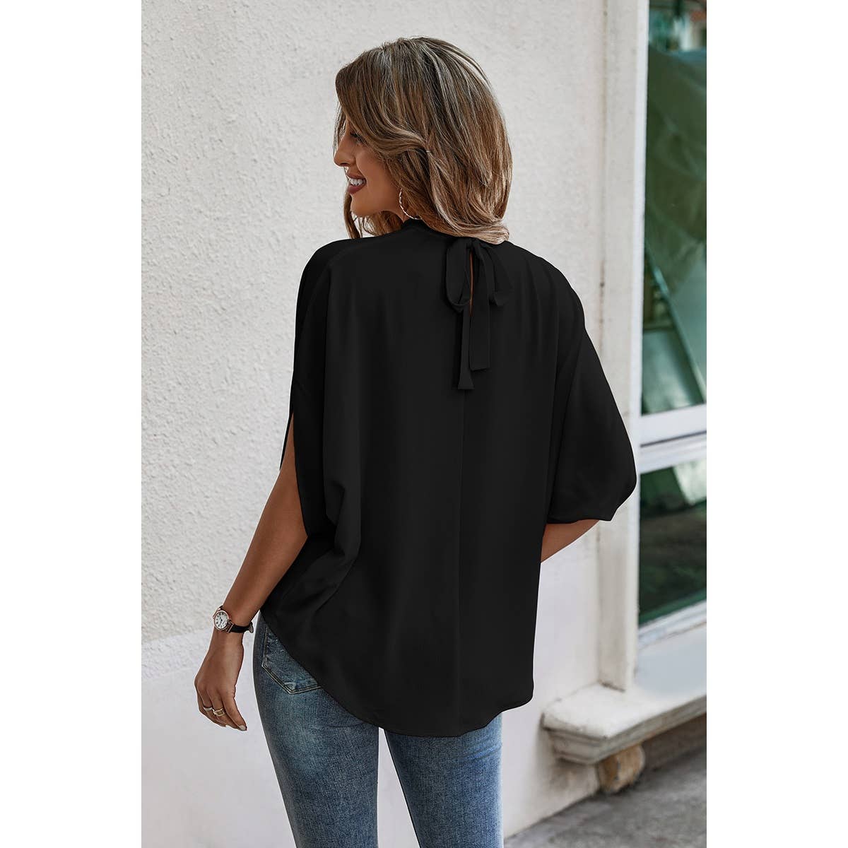 Solid Cape Short Sleeve Loose Top
