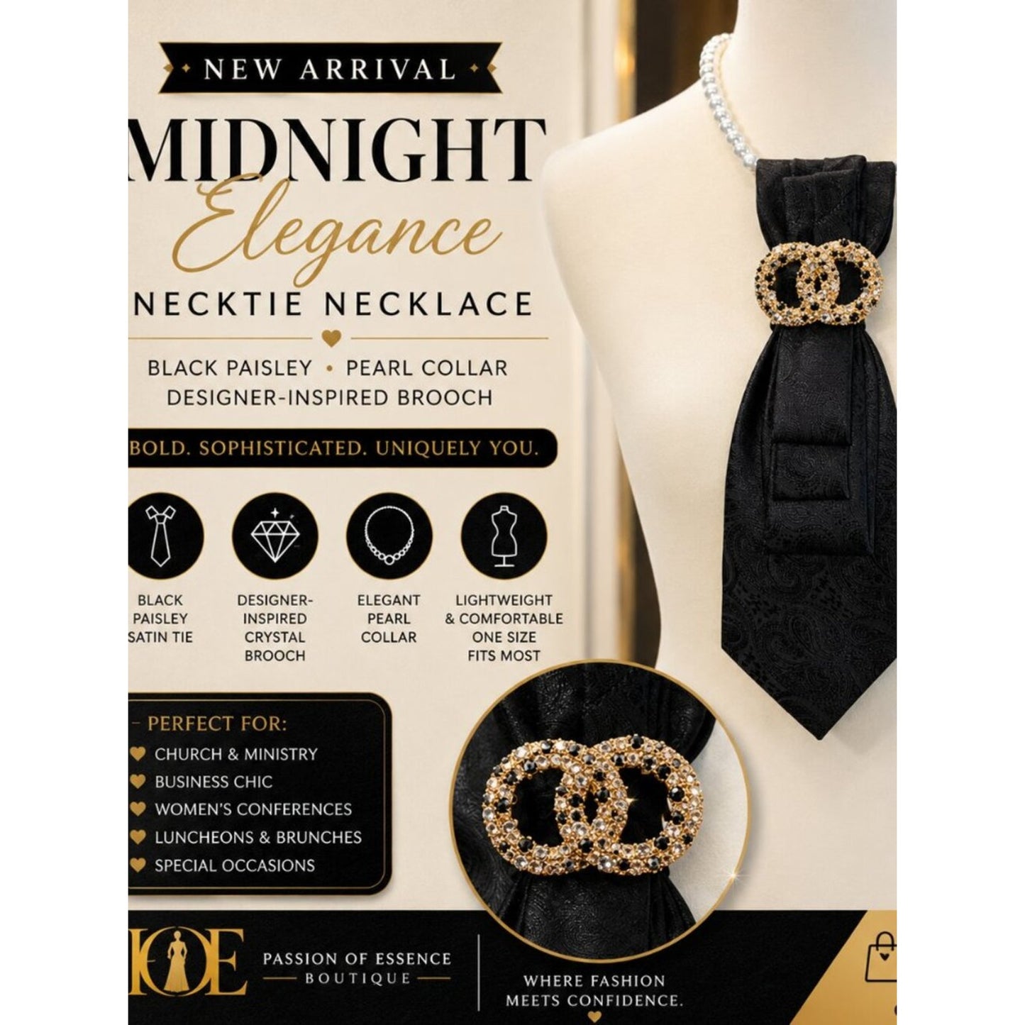 Black Paisley Necktie Necklace with Pearl Collar & Crystal Designer-Inspired Bro