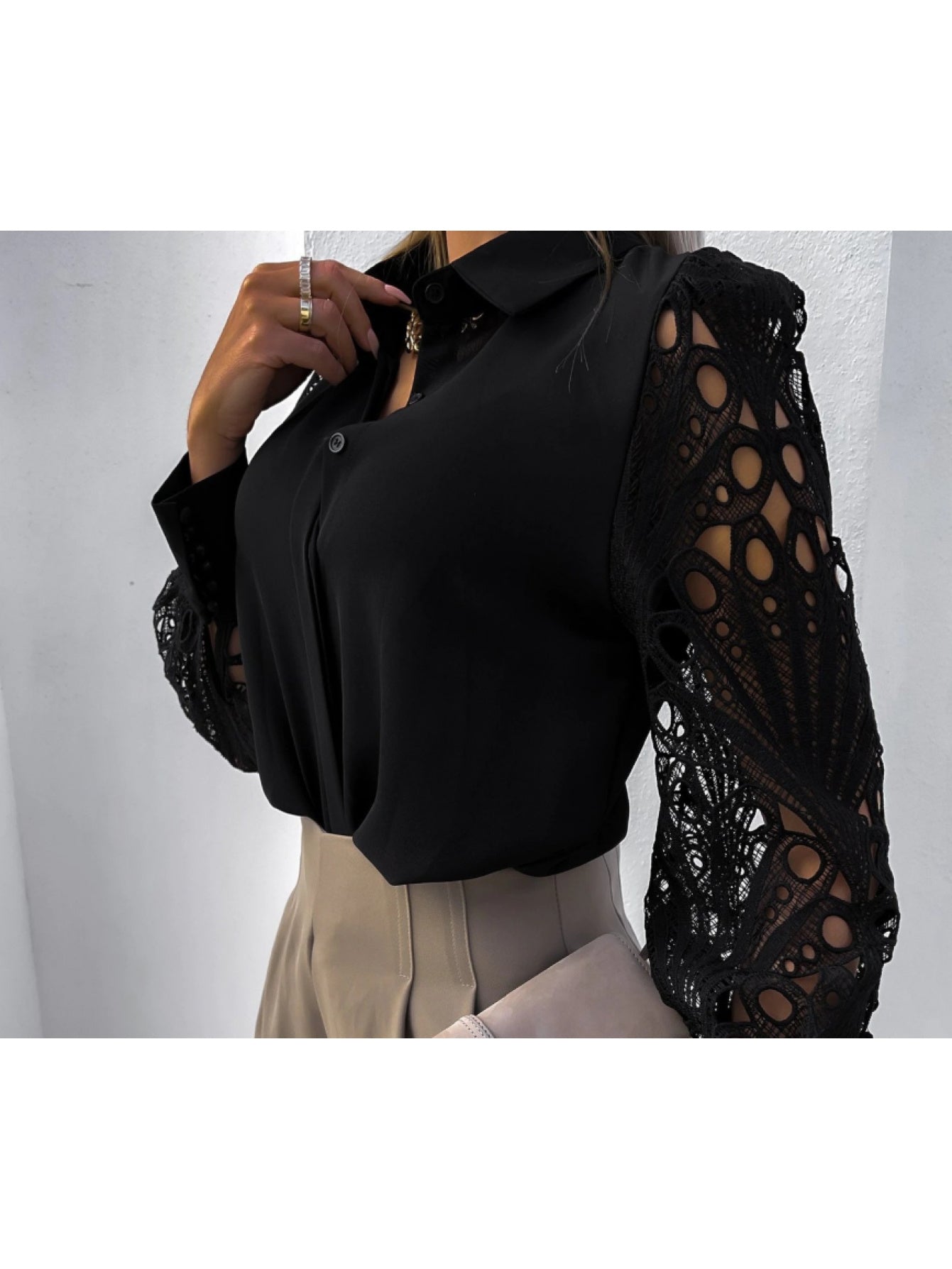Elegant Lace Sleeve Blouse | Black Semi-Sheer Long Sleeve