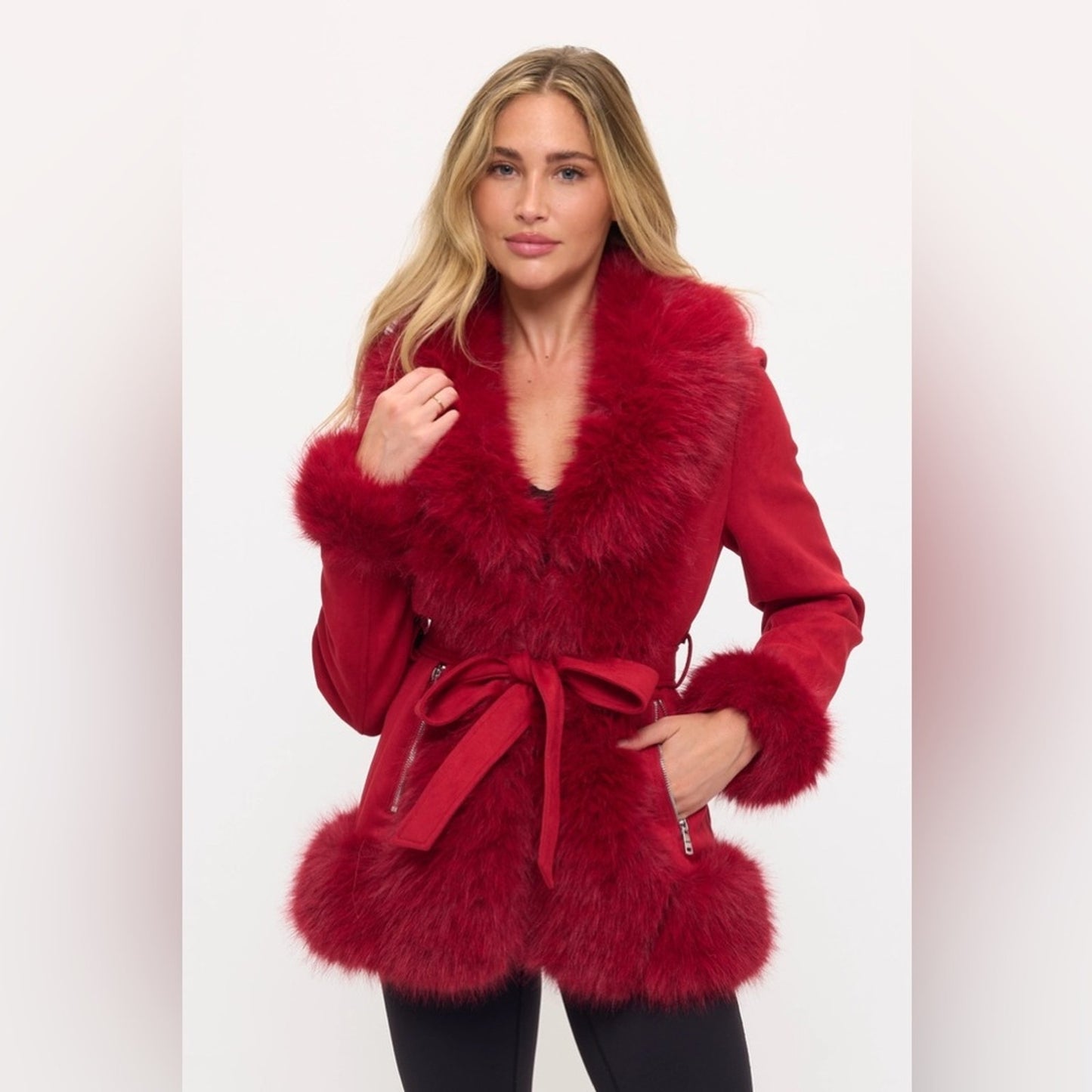 Elegant Red Faux Fur Trim Coat