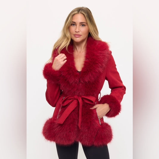 Elegant Red Faux Fur Trim Coat