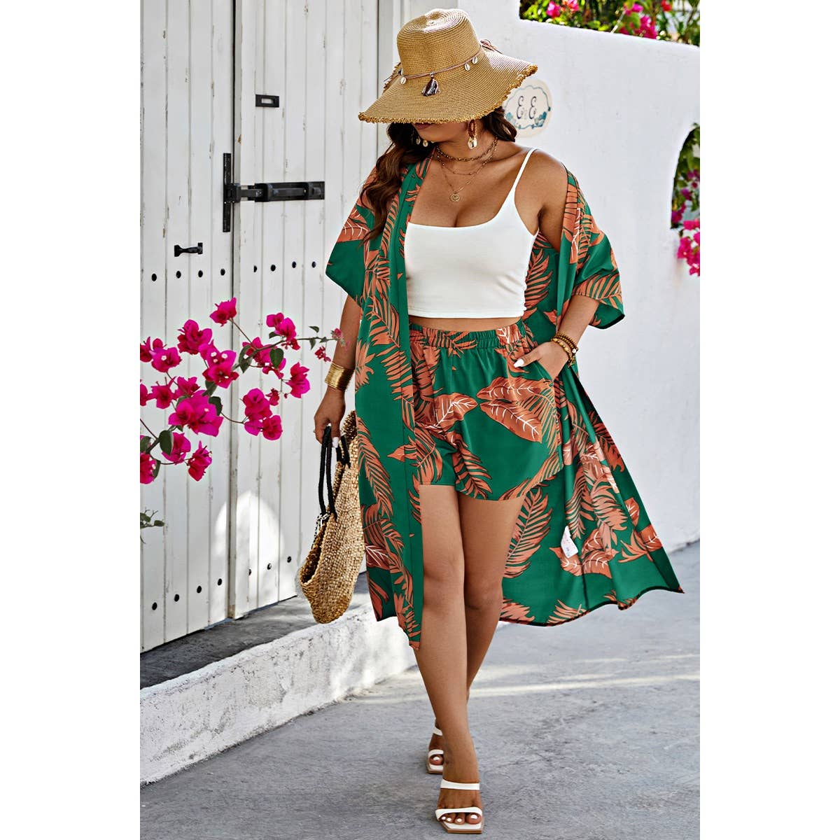 Plus Size Leaf Print Pockets Elastic Waist Shorts Set