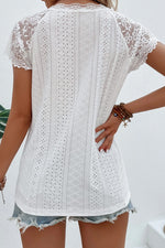 Load image into Gallery viewer, White V Neck Lace Splicing Eyelet Blouse
