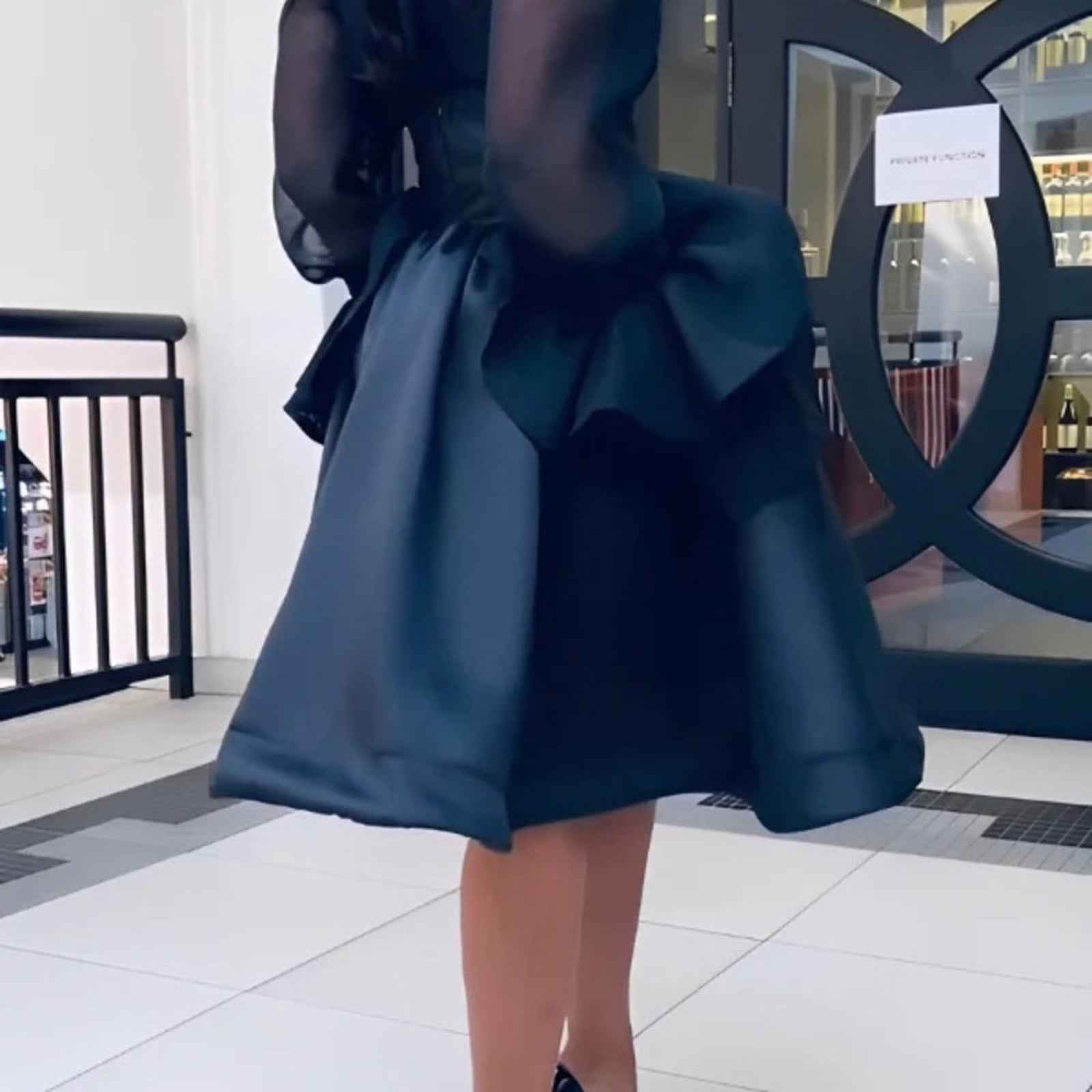 Stylish Black Mesh with Sheer Bell Sleeves Blouse Skirt Set
