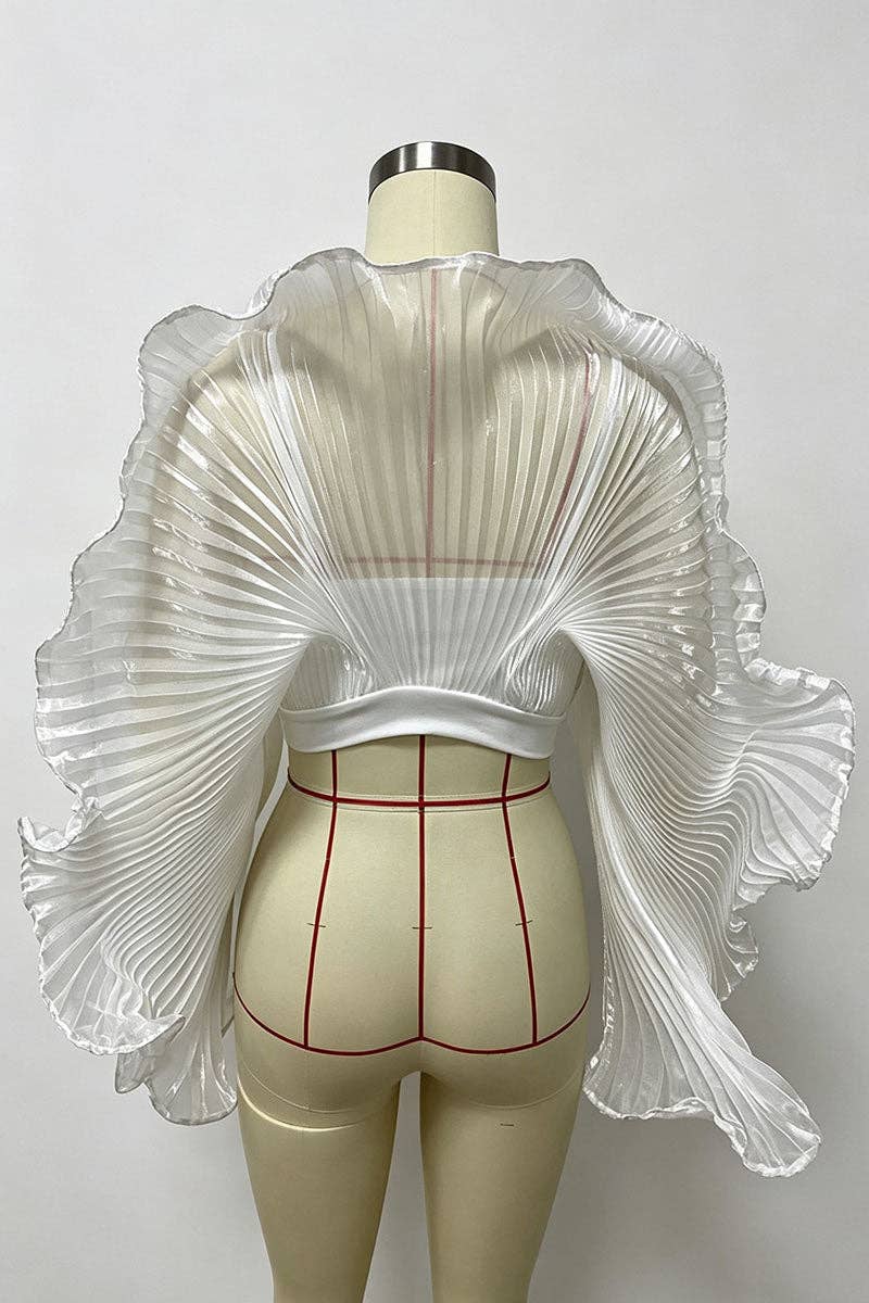 A white pleated sheer mesh garment displayed on a beige mannequin from the back, with red measurement lines visible on the mannequin and a plain light gray background.