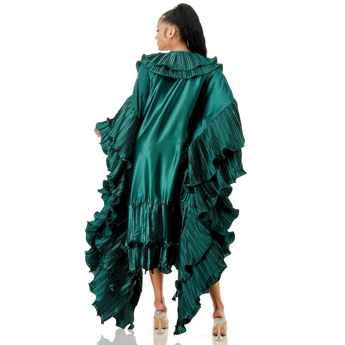Plus Size Green Metallic Ruffle Maxi Duster Coat