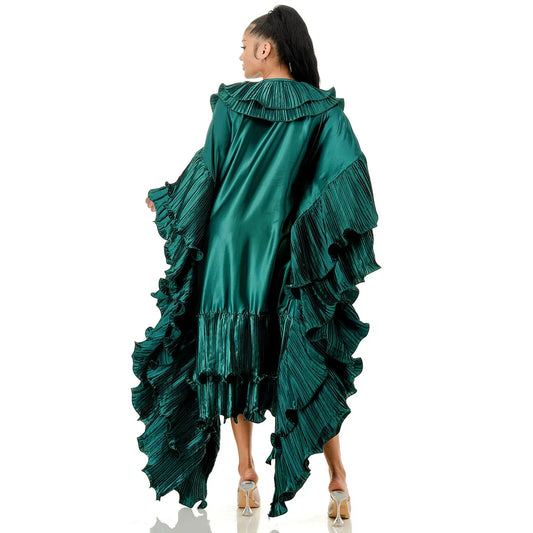 Plus Size Green Metallic Ruffle Maxi Duster Coat