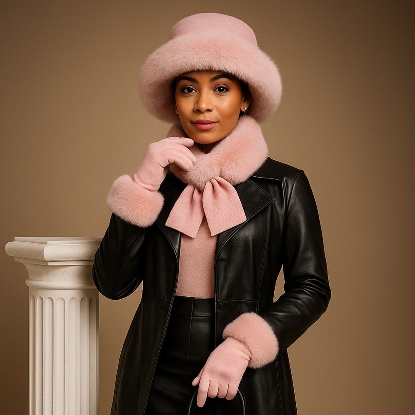 Woman wearing a pink fur hat, gloves, and scarf with a black leather jacket against a beige background.