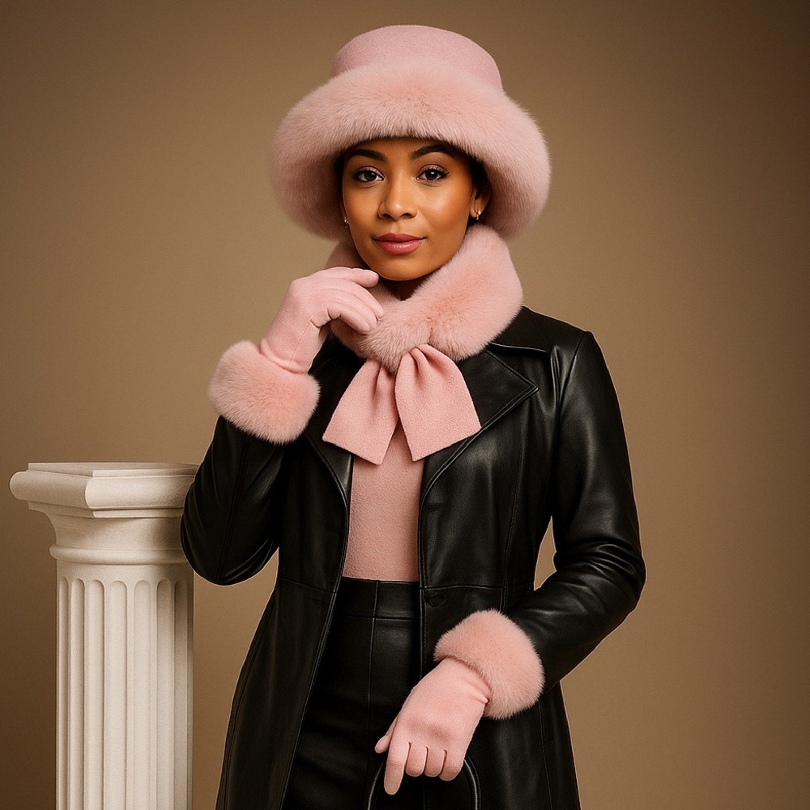 Woman wearing a pink fur hat, gloves, and scarf with a black leather jacket against a beige background.