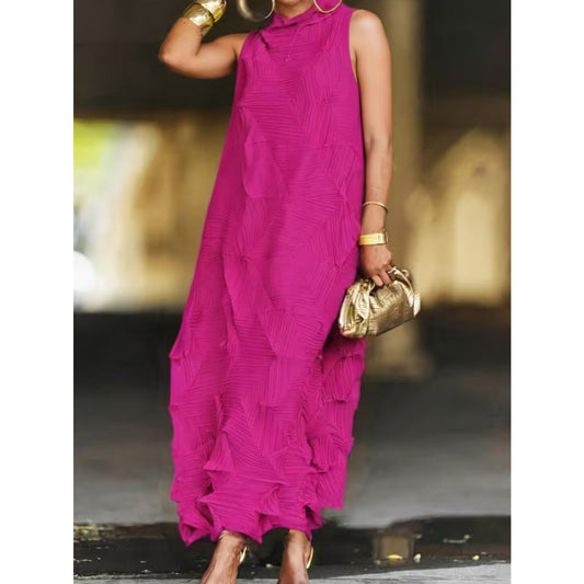 Fuchsia Pink Textured Pleated Sleeveless Maxi Dress | High Neck Statement Dress