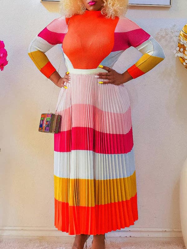Plus Size Two-Piece Set - Printed Mock Neck Long Sleeve Top & Pleated Skirt