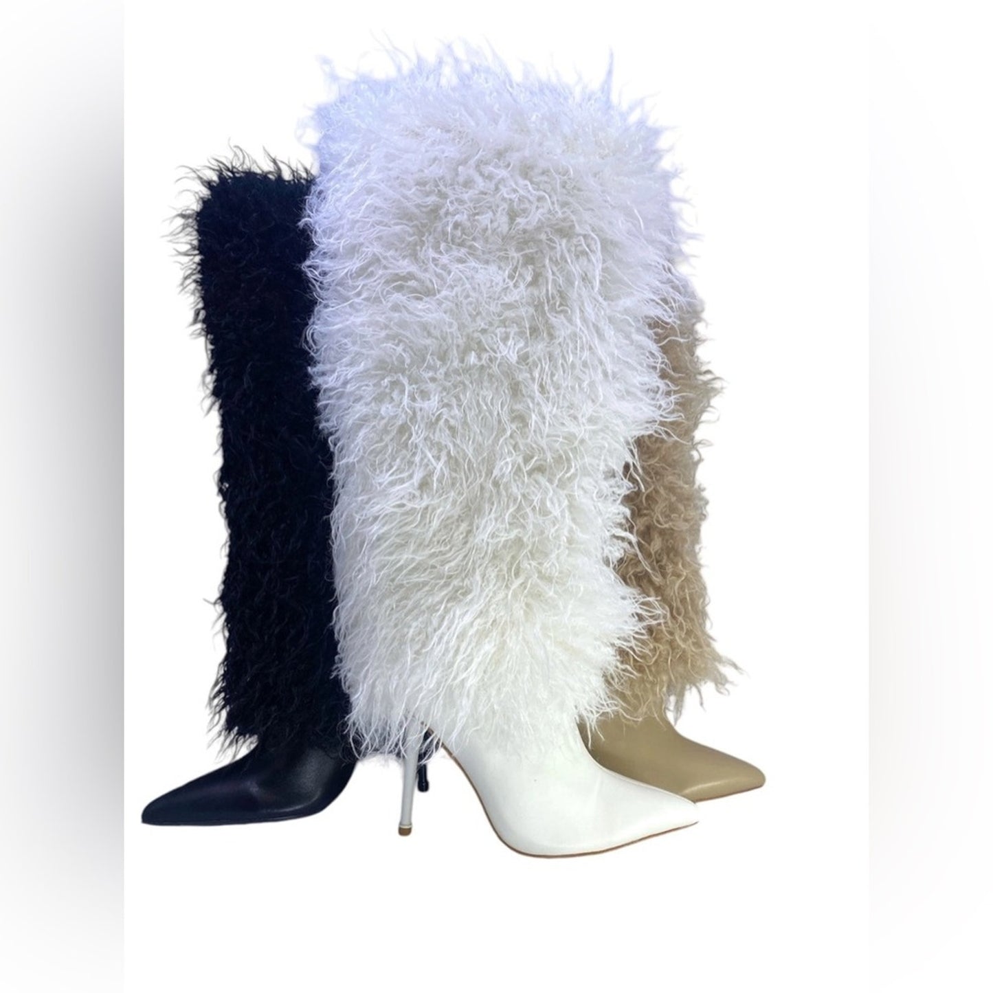 Three boots with feathered tops on a white background