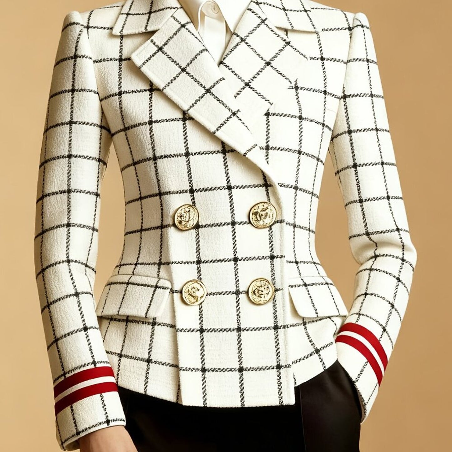 White Windowpane Check Double-Breasted Blazer | Gold Buttons + Red Cuff Stripes