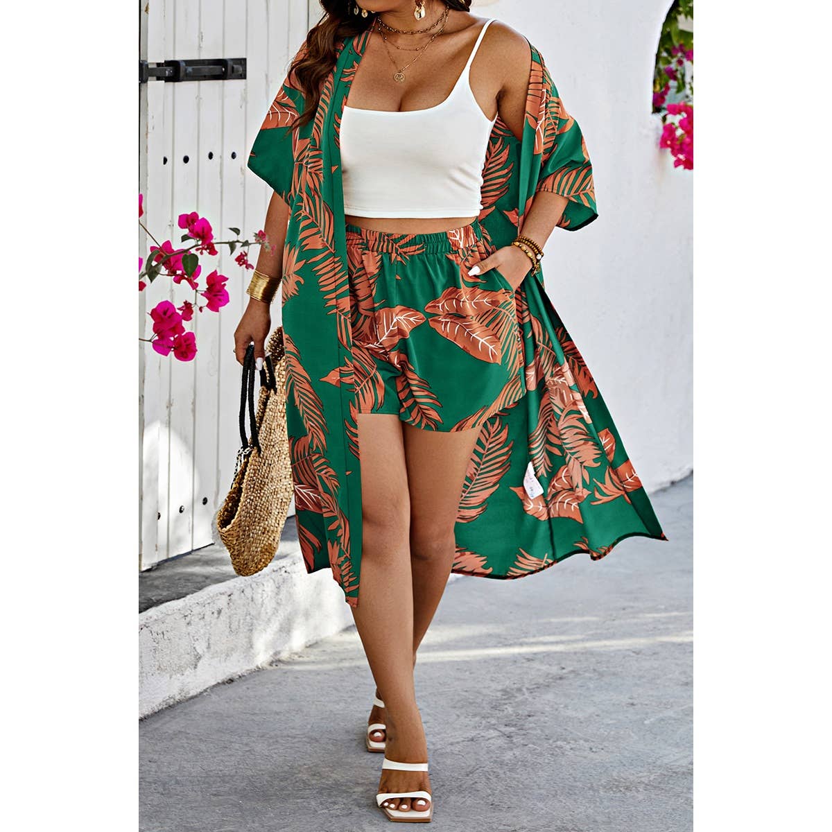 Plus Size Leaf Print Pockets Elastic Waist Shorts Set