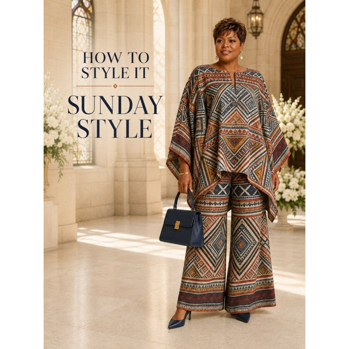 Boho Geometric Poncho Top Wide-Leg Pants 2-Piece Set XXL