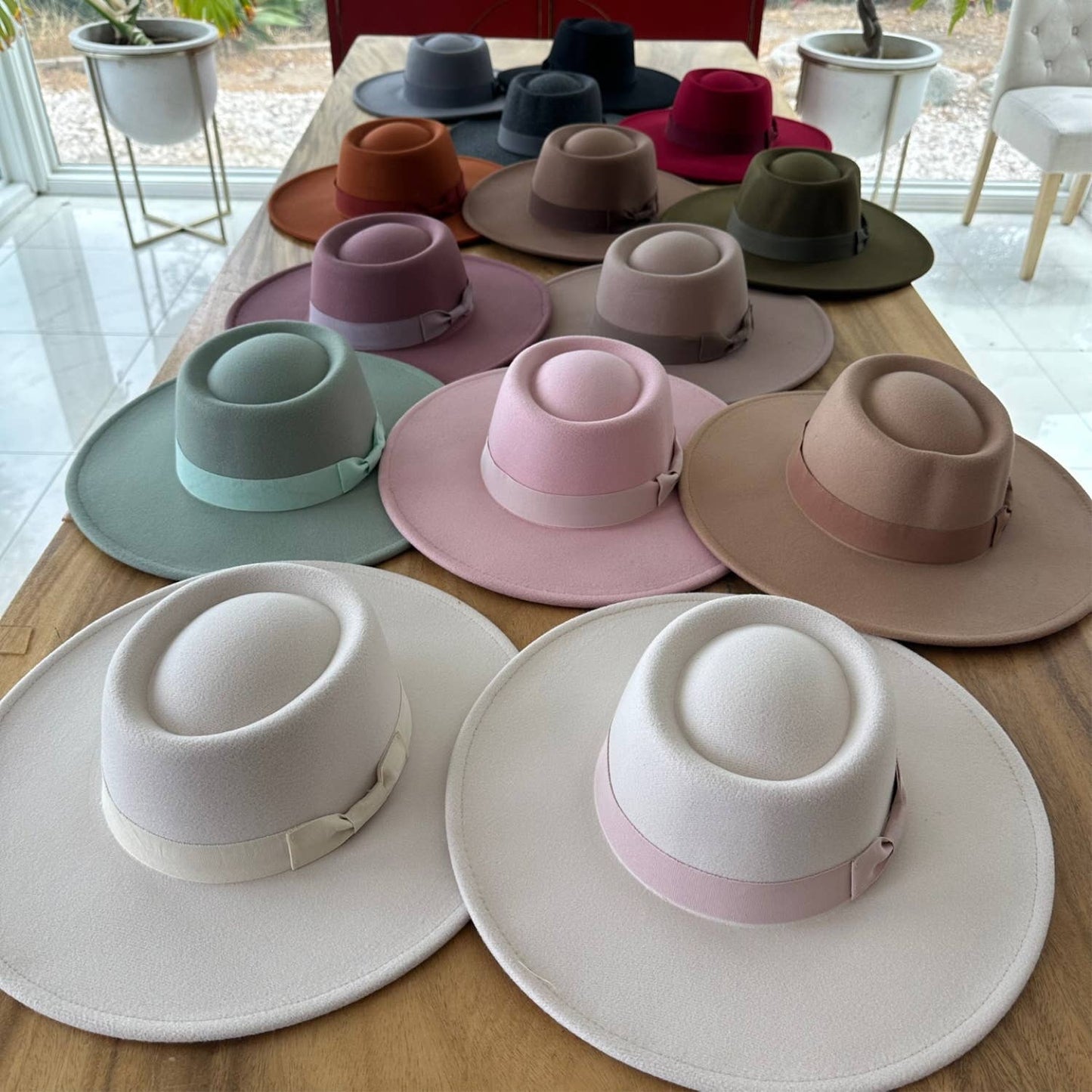 Wide Brim Boater Hat in Faux Felt - Structured Hat with Ribbon