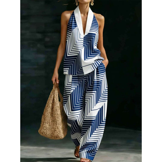 Blue & White Geometric 2-Piece Set Halter V-Neck Top  Wide-Leg Pants Chic Resort