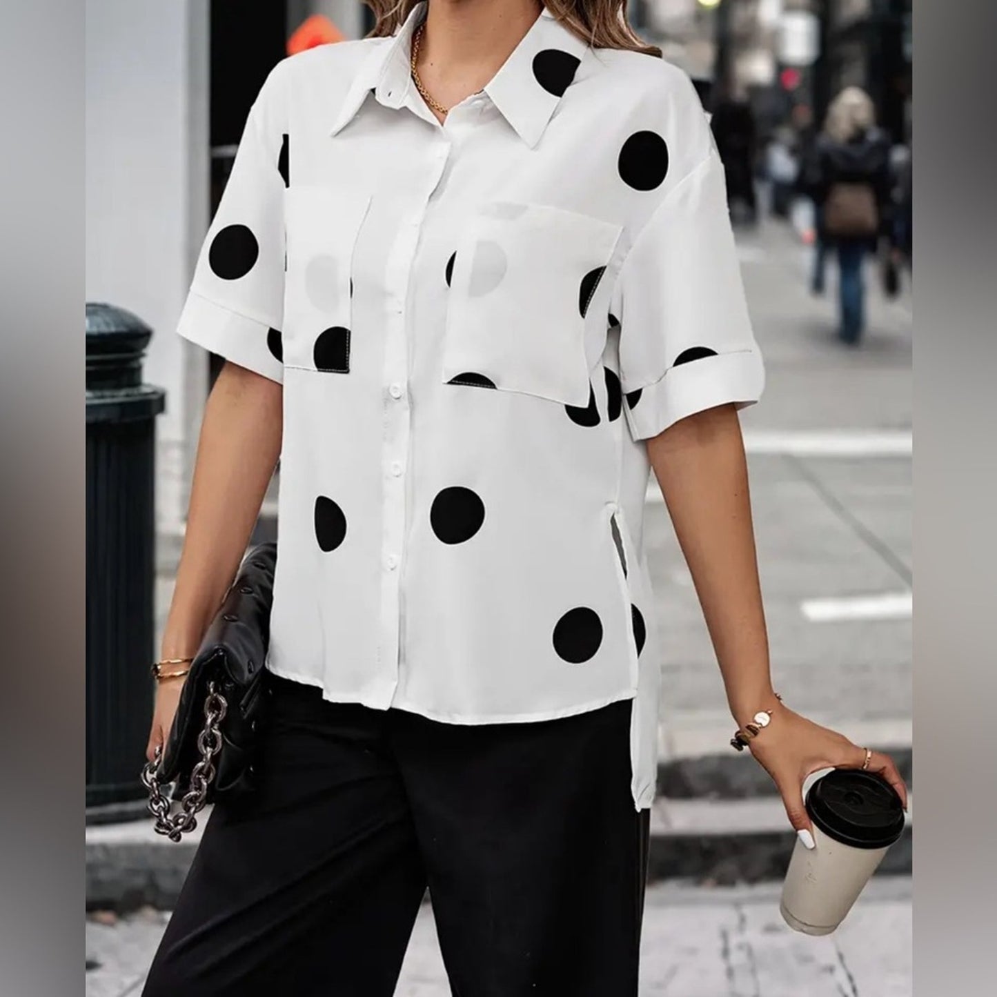 White Polka Dot Button-Up Shirt for Women – Short Sleeve Collared Blouse