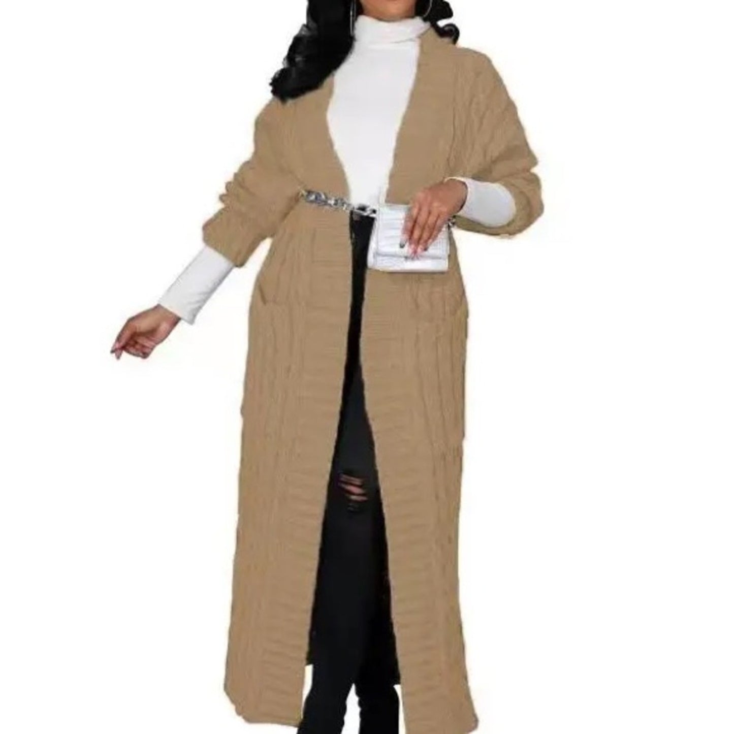 Khaki Long Coat Knit Cardigan