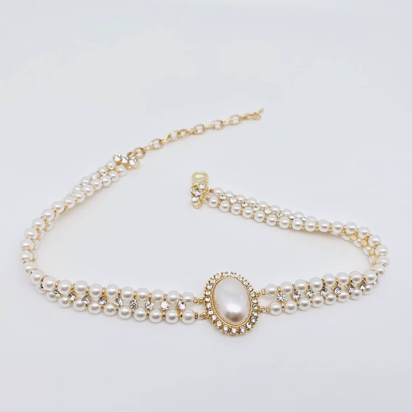 Oval Charm Double Layer Pearl Rhinestone Choker Necklace