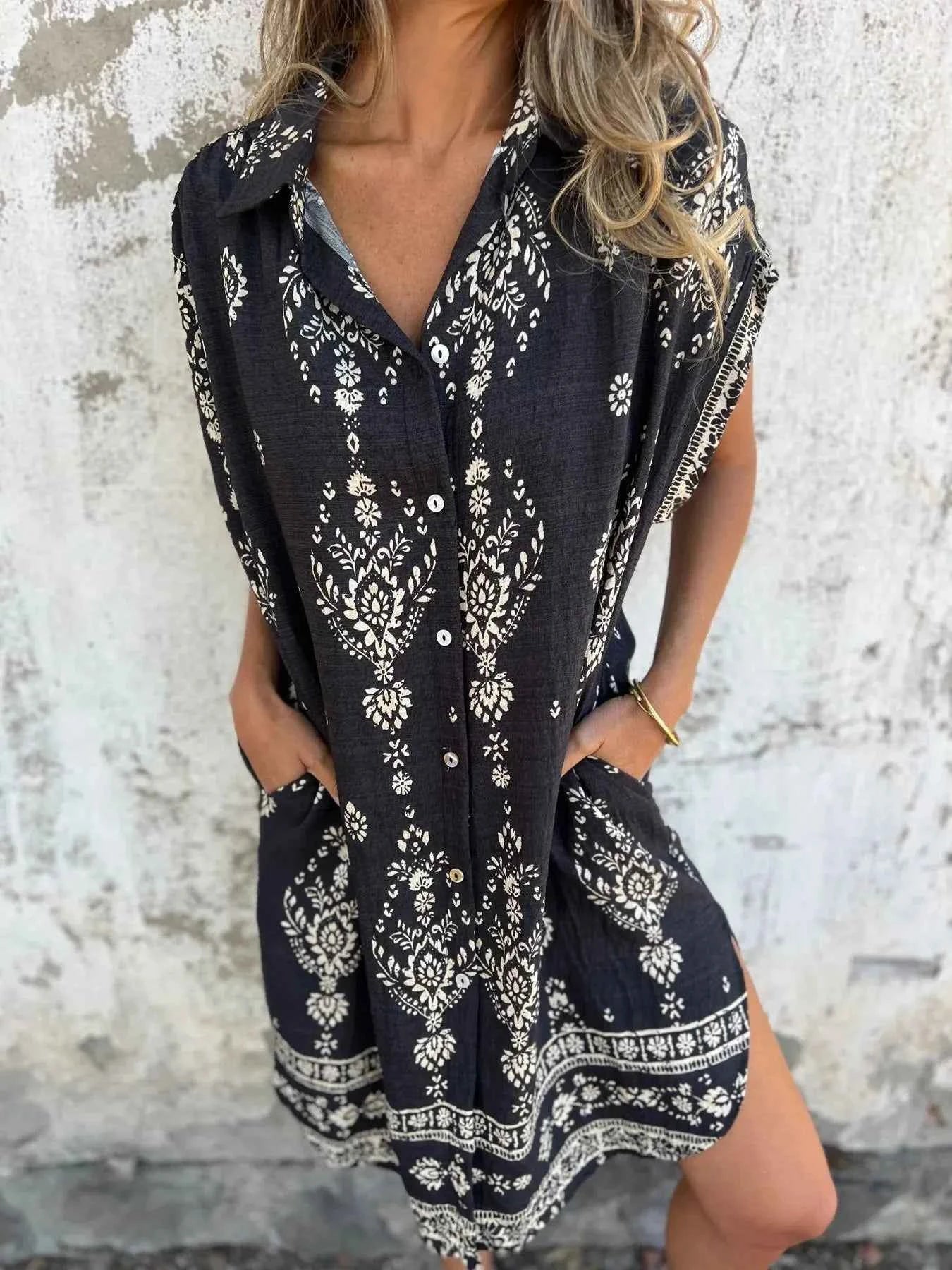 Full Size Printed Short Sleeve Button-Up Shirt Dress Plus Size