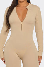 Load image into Gallery viewer, Ribbed Half Zip Long Sleeve Bodycon Jumpsuit
