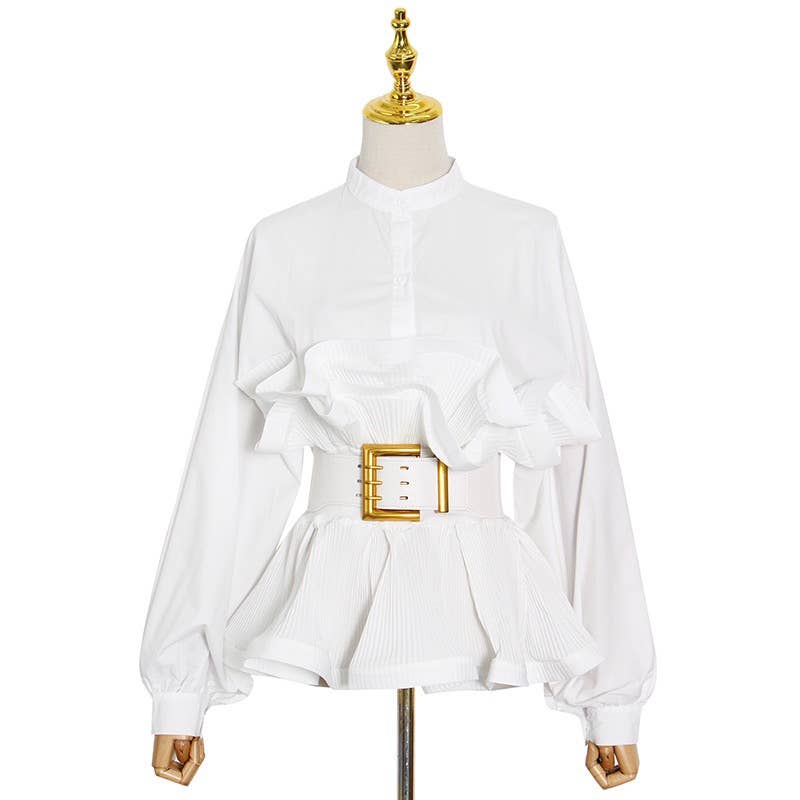 White blouse with a gold belt on a mannequin against a white background