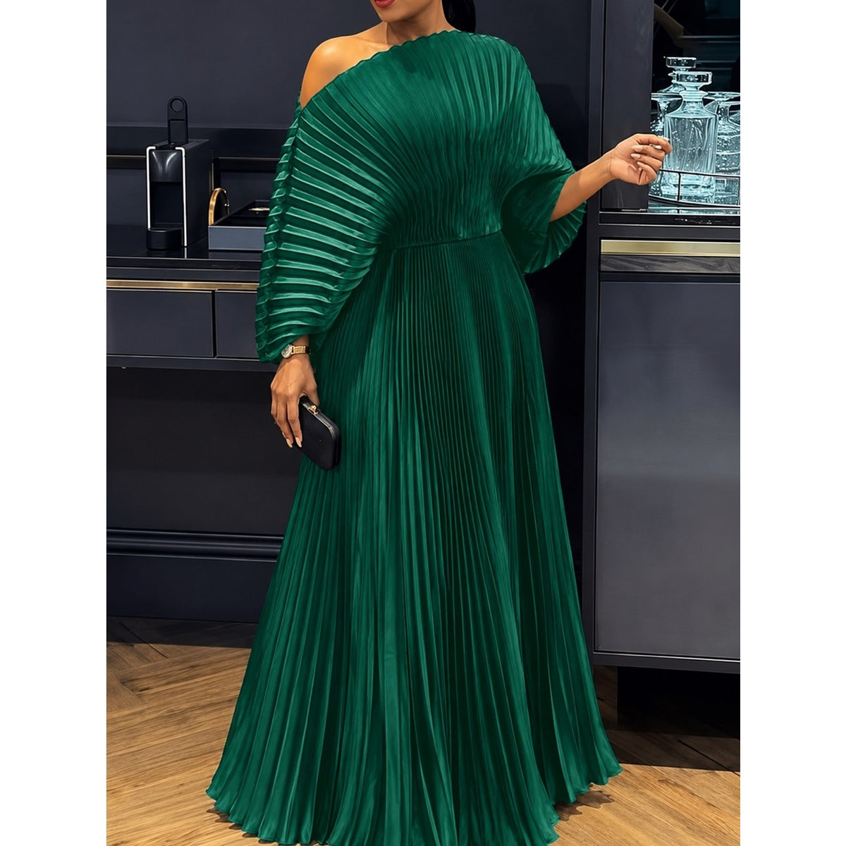 pleated dress elegant Green One-Shoulder Evening Size:38 Short Jacket+32 Waist Adjust 28to34)(Height: 5 4 to5 7 )(Neck  15-16.5)S-M) Search: Cheetah Luxurious ruched pleating on Elegant Evening Dress Woven
