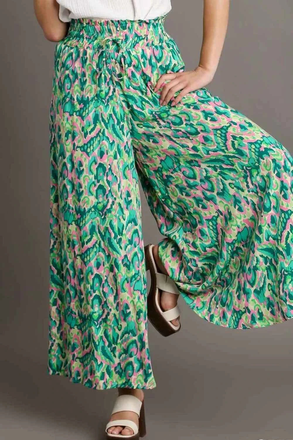 Umgee Full Size Mixed Print High Waist Wide Leg Pants Plus Size