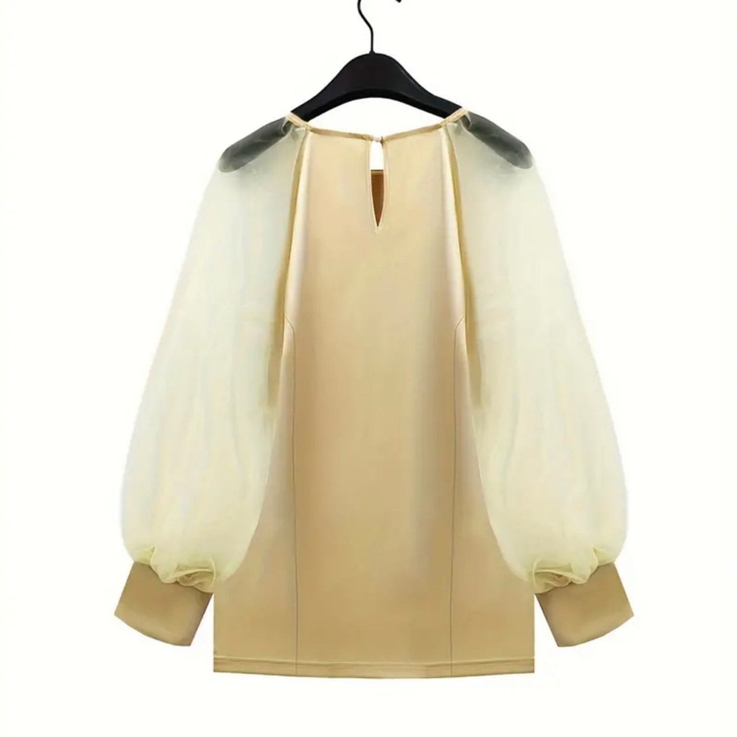 Champagne Satin Organza Statement Blouse – Dramatic Puff Sleeve Elegant Top