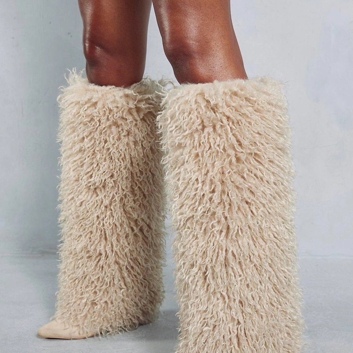Demure Diamante Faux Fur Knee-High Boots - 4" Heel