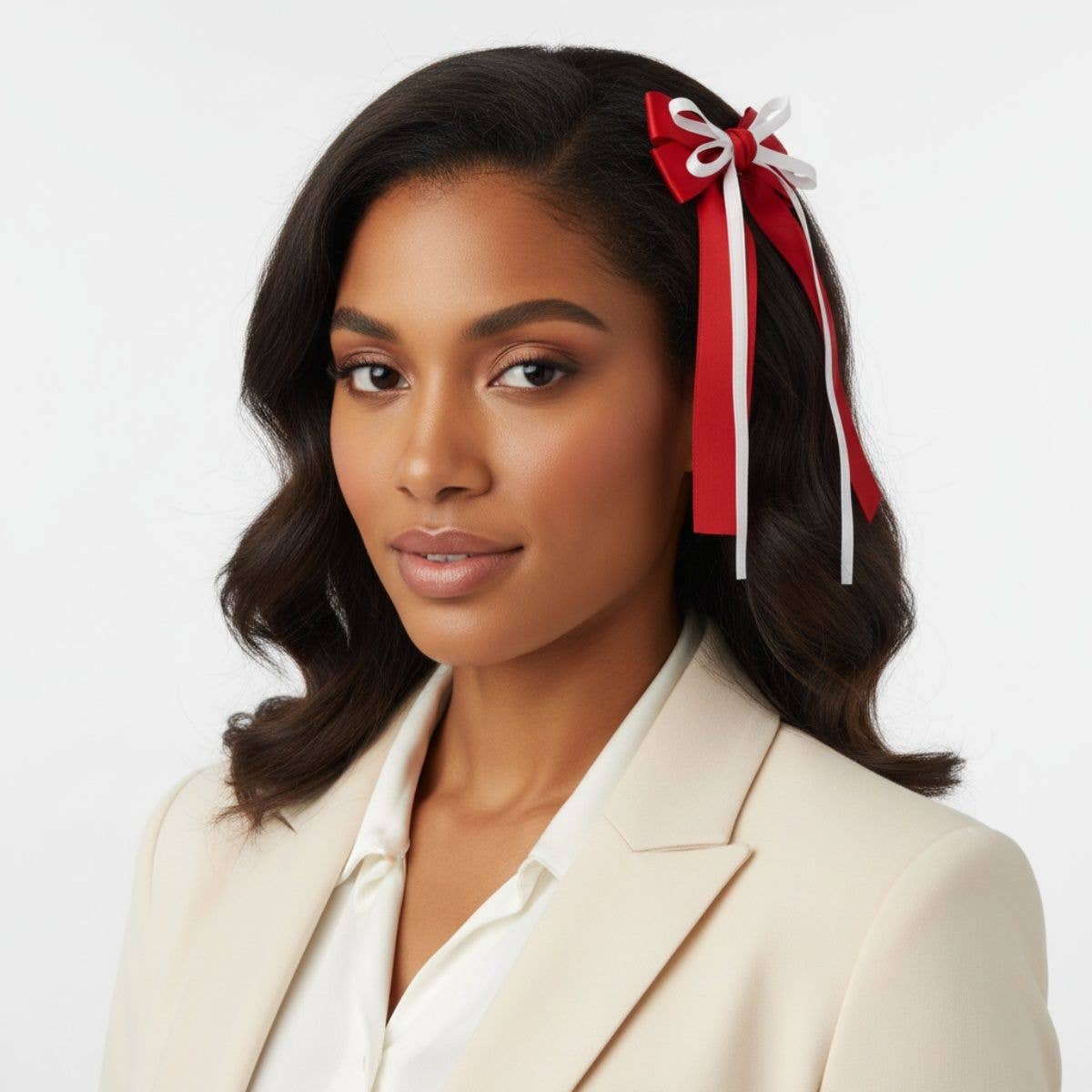 Woman wearing a white blazer with a red headband featuring a bow on a white background