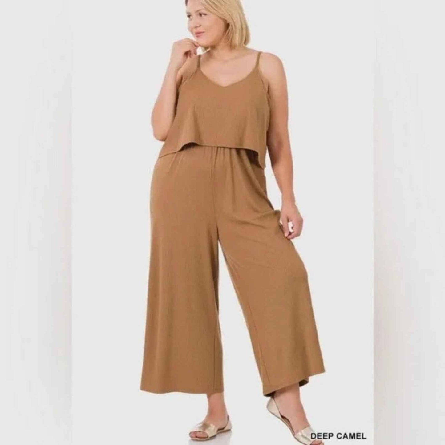 Plus Size Deep Camel Ribbed Wide-Leg Jumpsuit – Sleeveless & Relaxed Fit