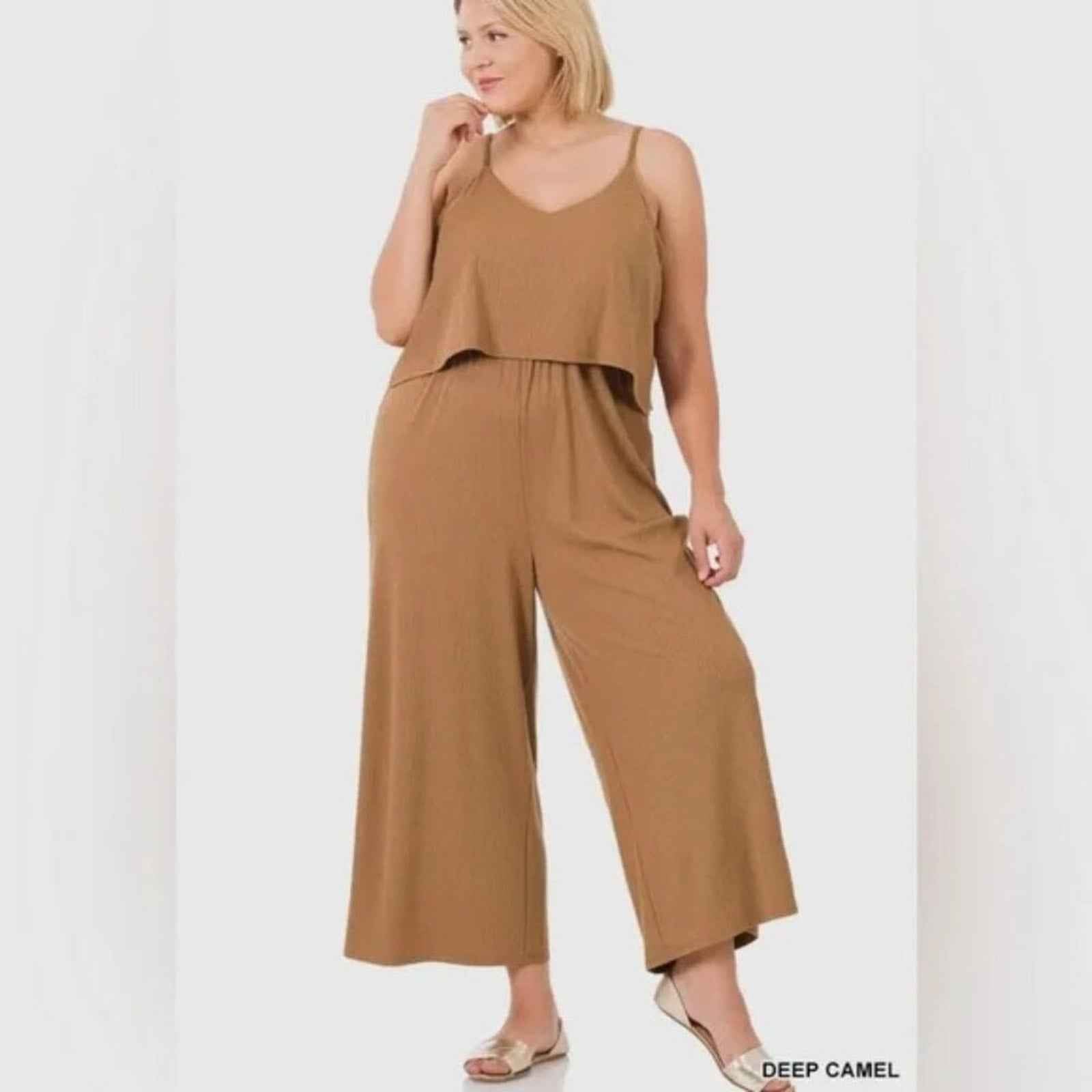 Plus Size Deep Camel Ribbed Wide-Leg Jumpsuit – Sleeveless & Relaxed Fit