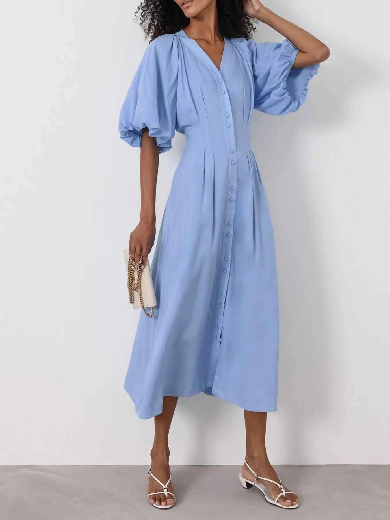 Puff Sleeve Button-Front Midi Dress