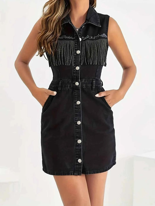 Fringe Detail Button-Front Mini Dress