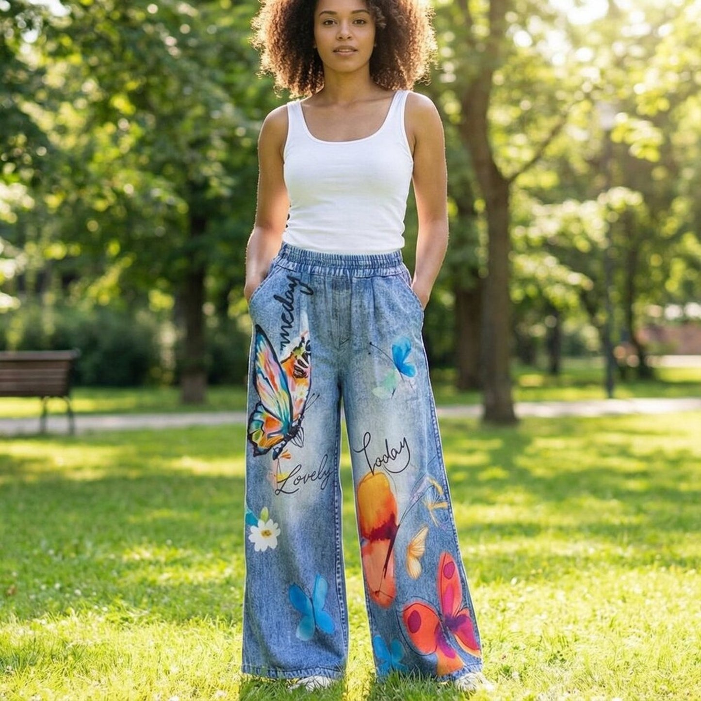 Knit Denim Statement Pants | Butterfly Print Wide Leg | Plus Size