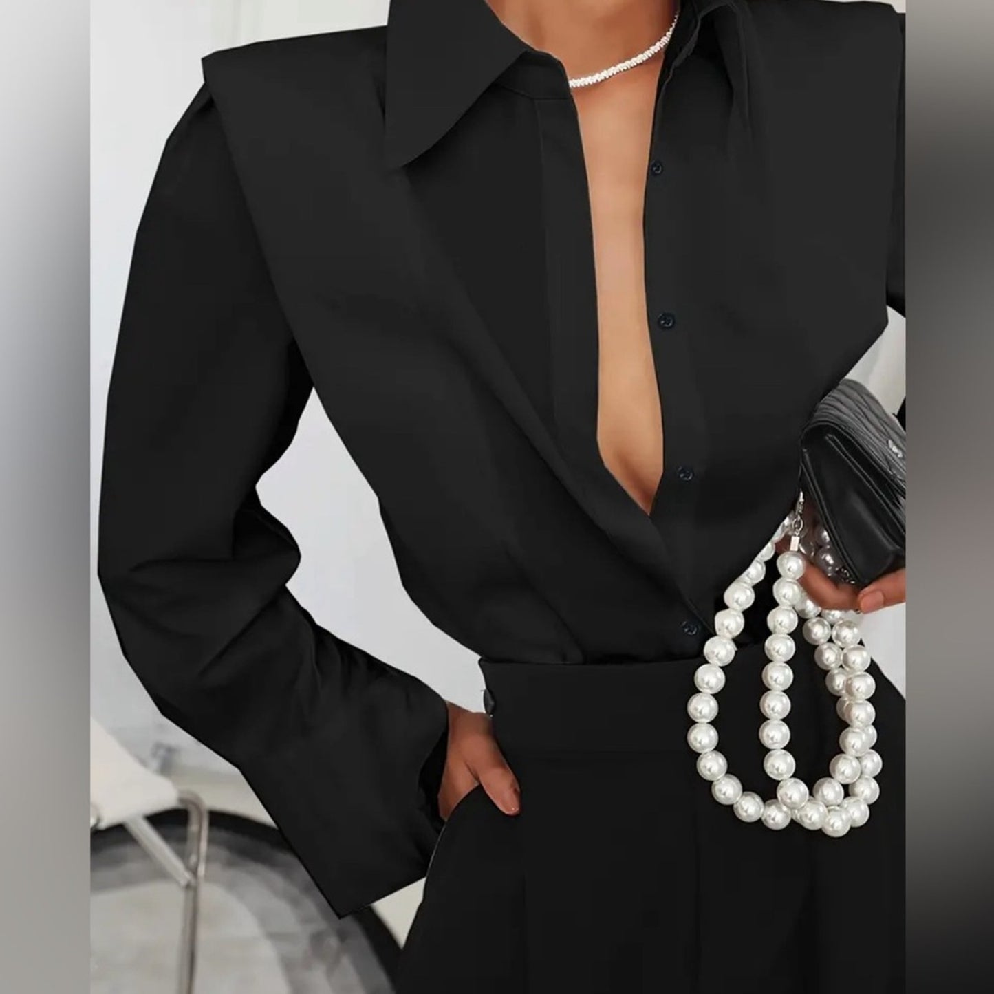 Black Elegant Solid Button Front Shirt - Flattering Lapel