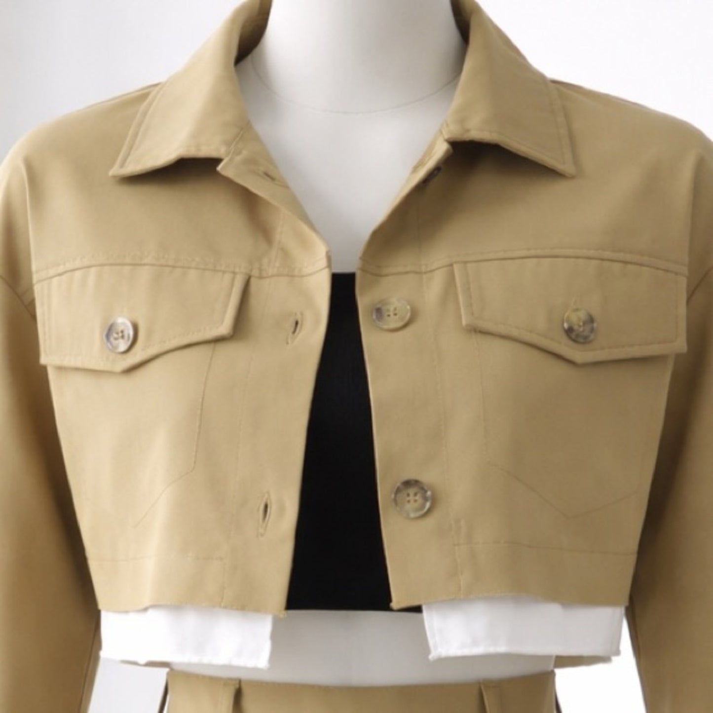 Cropped Khaki Jacket and Pleated Skirt Set - Khaki with White Trim