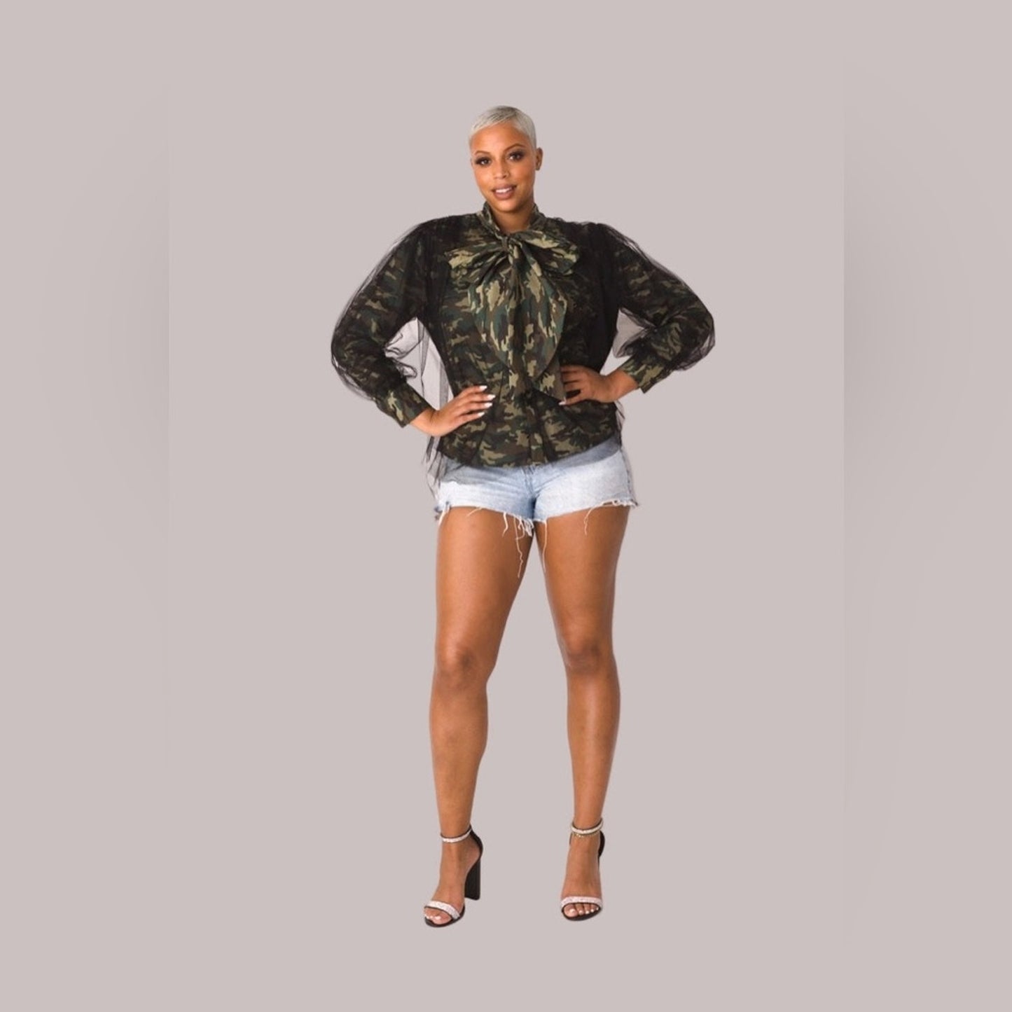 Camouflage Tulle Puff Sleeve Top with Bow Collar