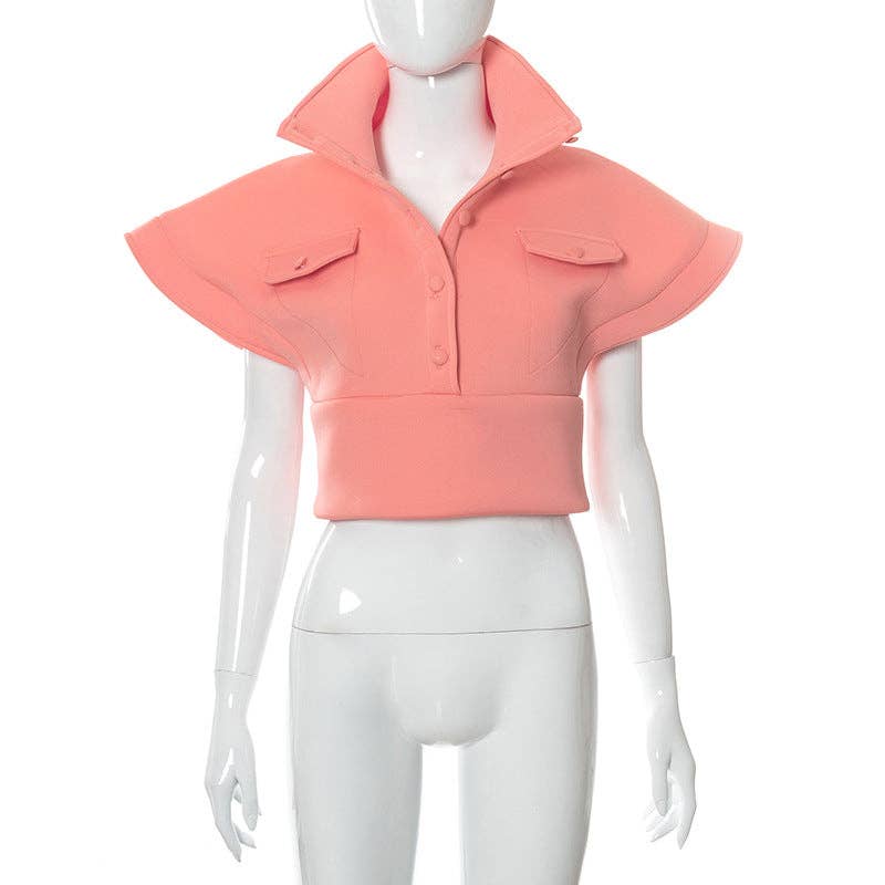 MB FASHION Cropped High Collar Button-Up Top 452R