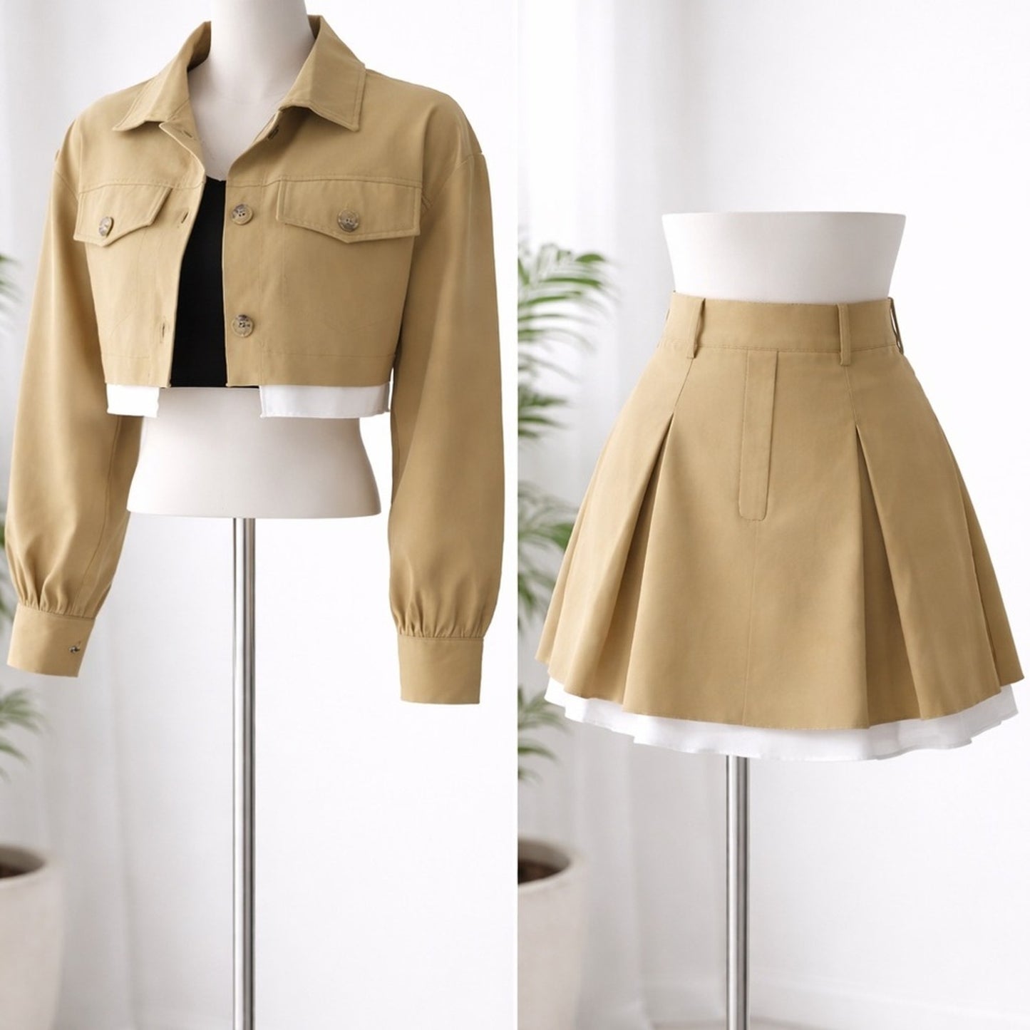 Cropped Khaki Jacket and Pleated Skirt Set - Khaki with White Trim