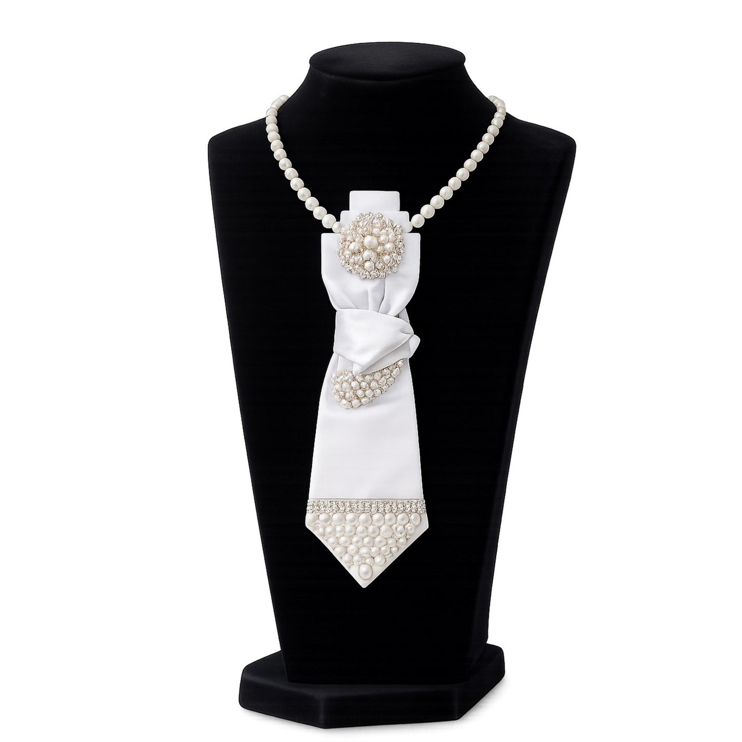 White pearl tie and bow on a black mannequin bust with a white background